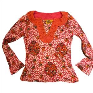 Tory Burch Pink/Orange Patterned Long Sleeve Top